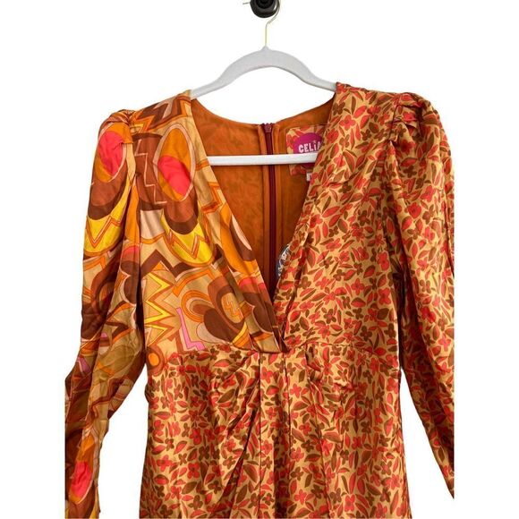 CeliaB Kazbek Long Puff Sleeve Printed Midi Dress Multicolor Women's Size Large - Picture 4 of 11